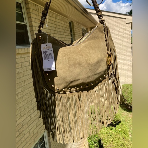 Michael Kors Dakota Olive Green Suede Leather Saddle Bag Long Fringe Gold Studs - Picture 5 of 17